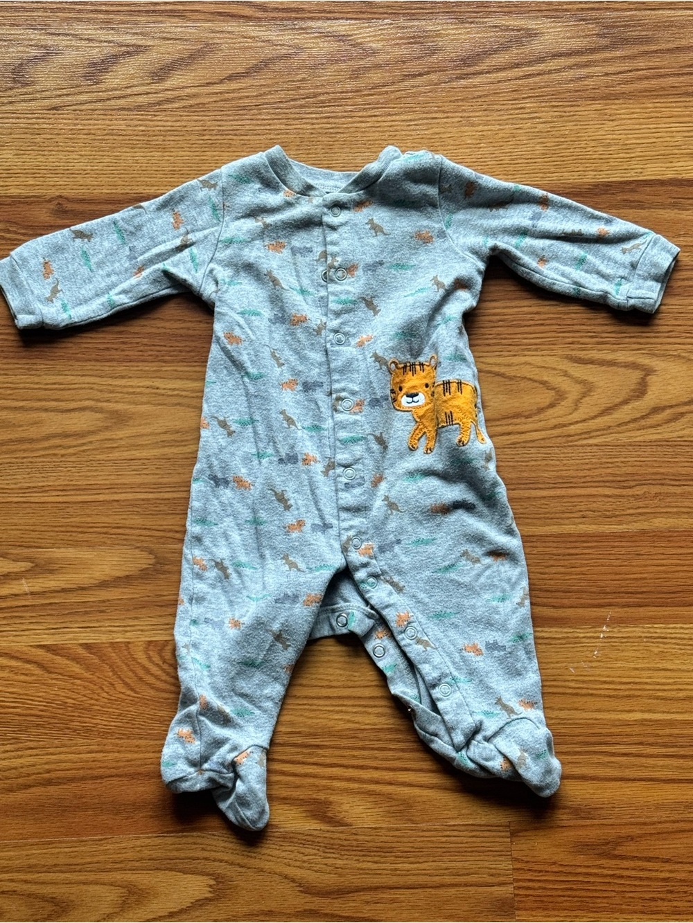 Gray Tiger-Print Footed Baby One-Piece with Orange Applique